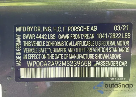 2021 Porsche 911 Carrera Cabriolet from USA, damaged, VIN WP0CA2A92MS239658